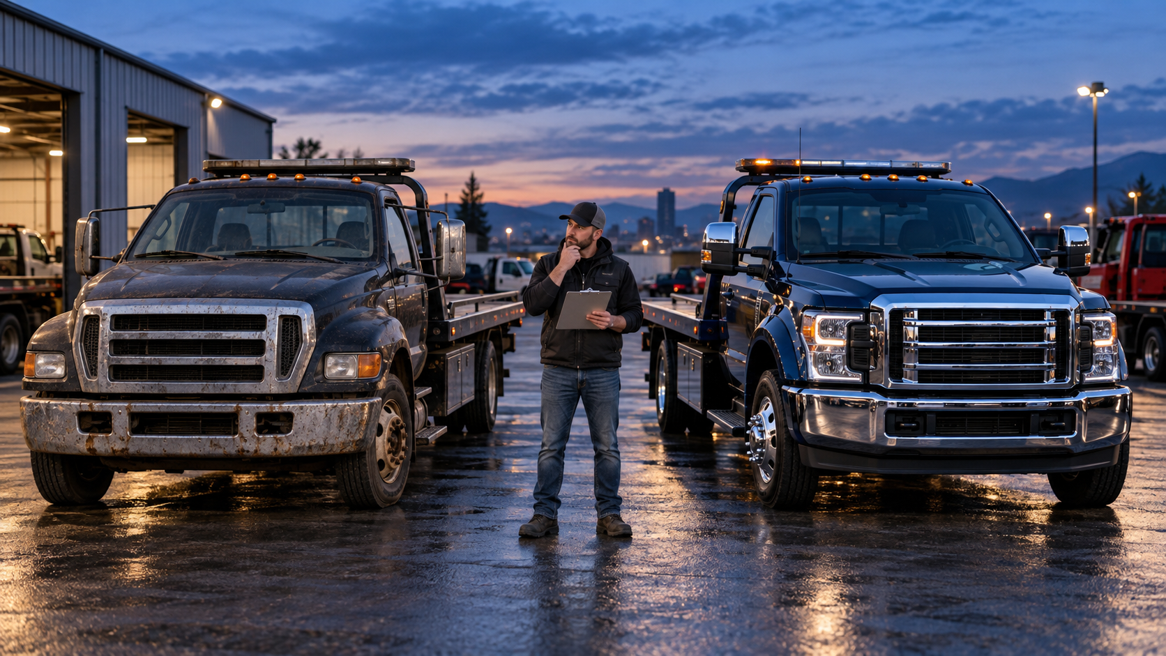 Towing-company owner comparing an older rollback with a newer replacement truck.