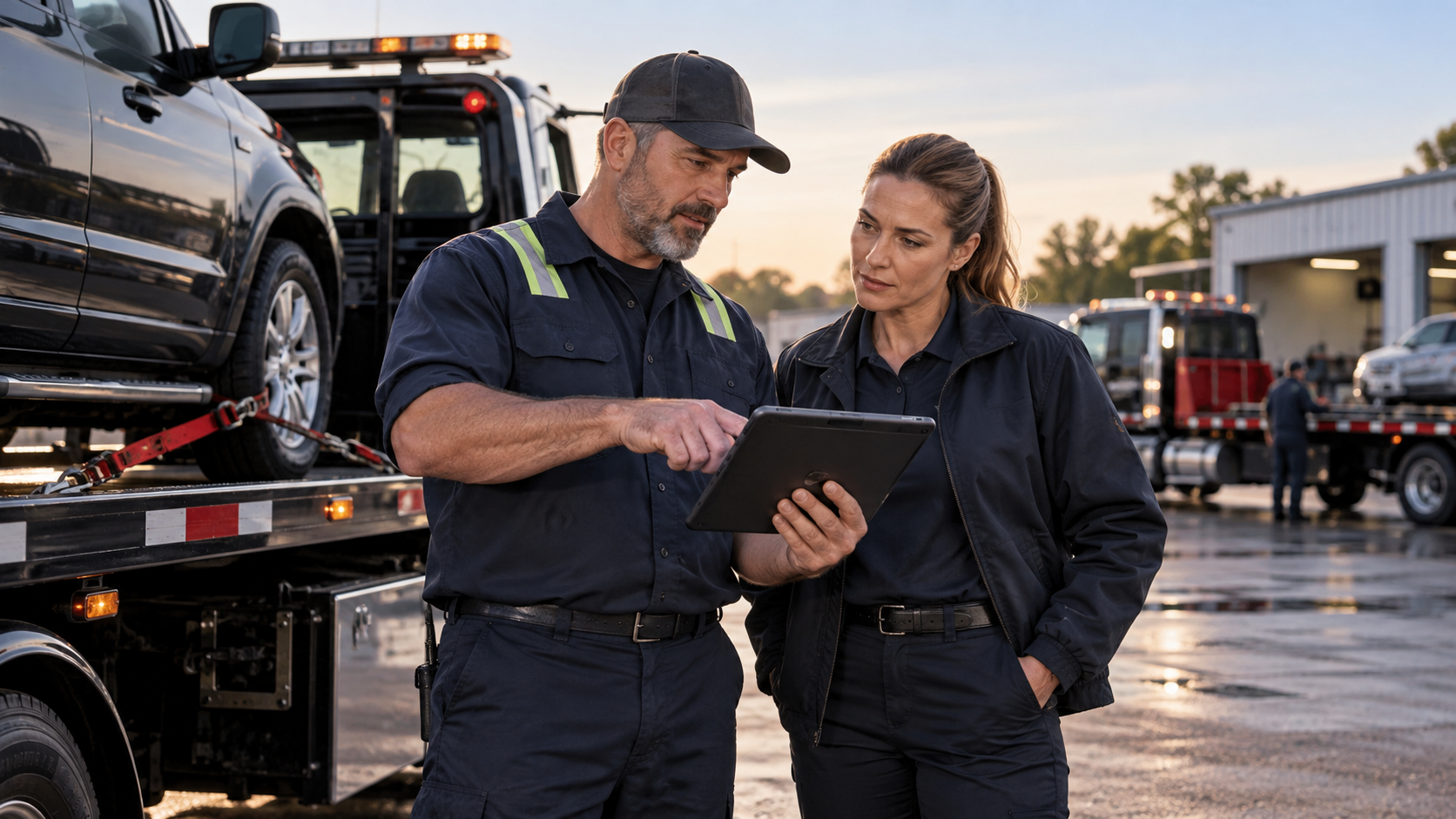 Tow operator and supervisor reviewing service information and performance results