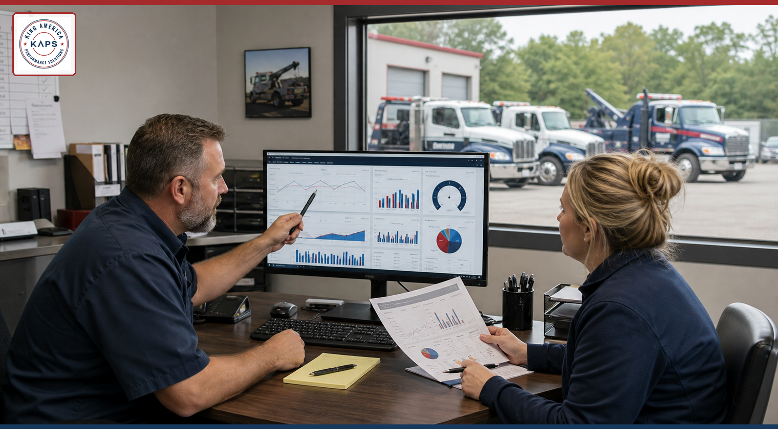 Illustration of towing managers reviewing operating performance and planning action