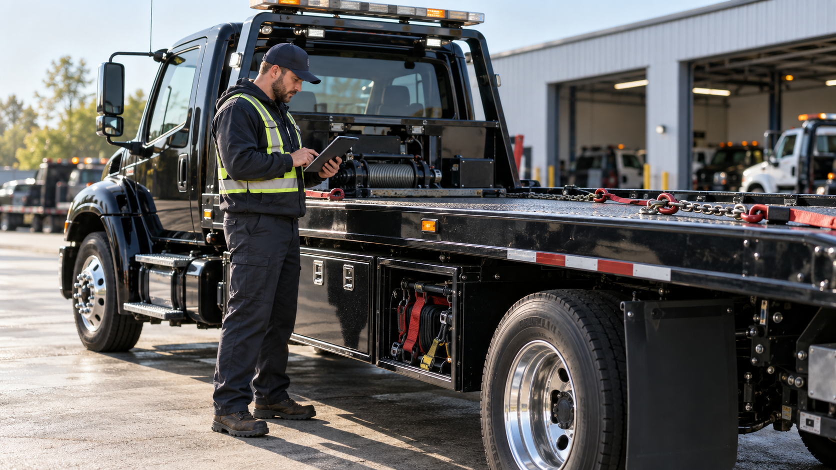 Professional tow operator inspecting a rollback truck and recording the results