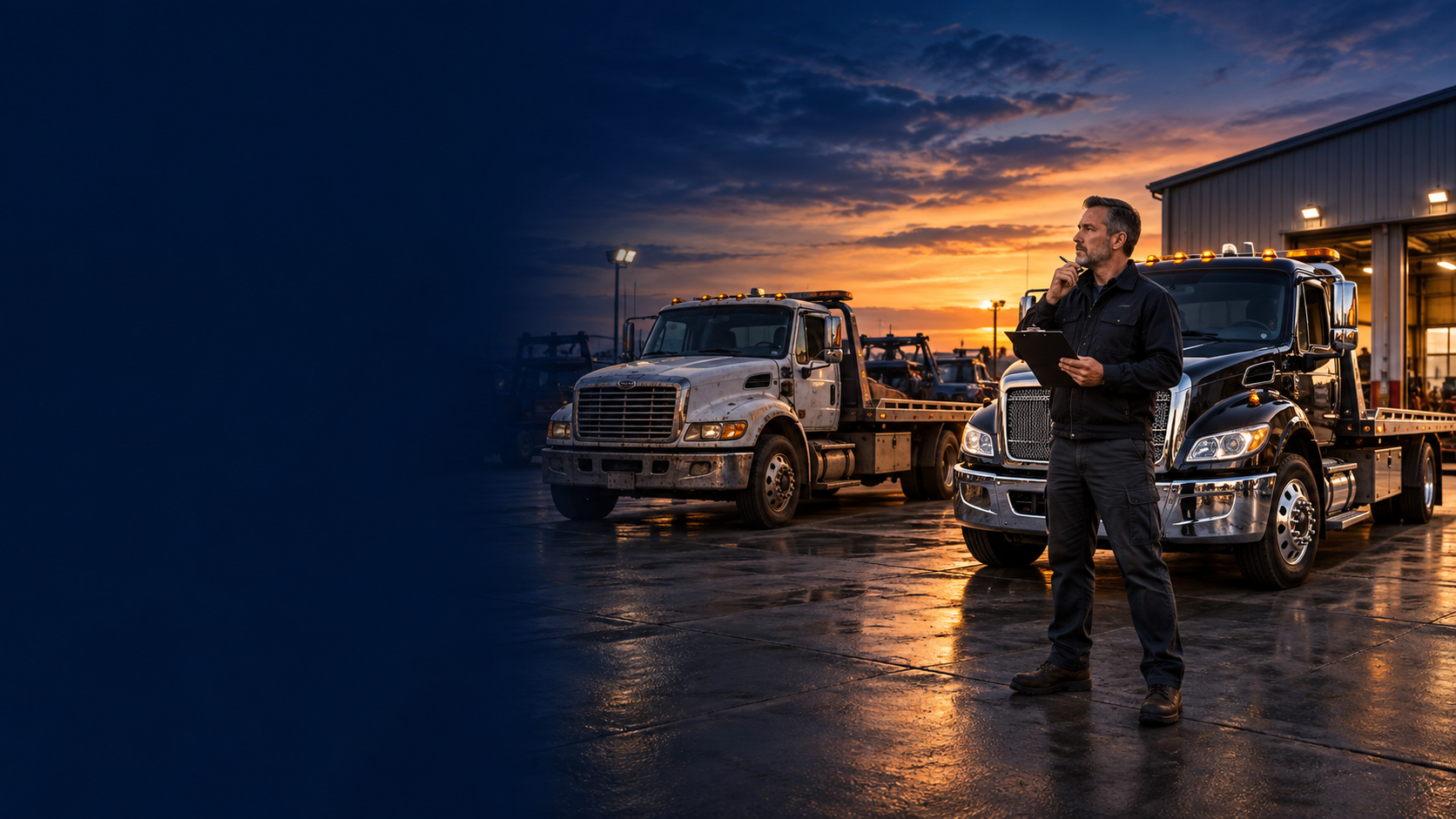 Towing-company owner comparing an older and newer rollback truck during a fleet review.