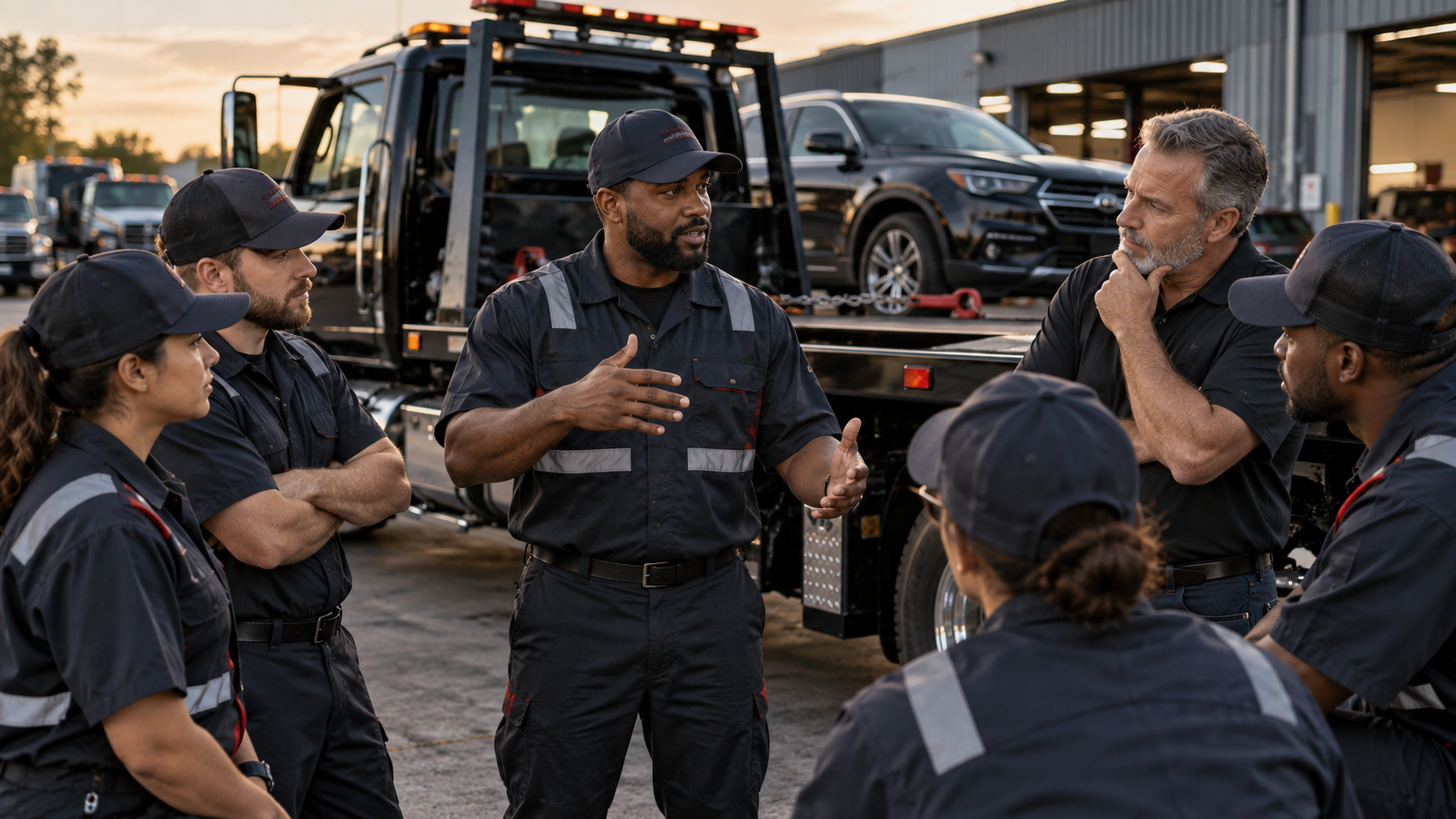 Professional tow operator leading a towing-company team huddle