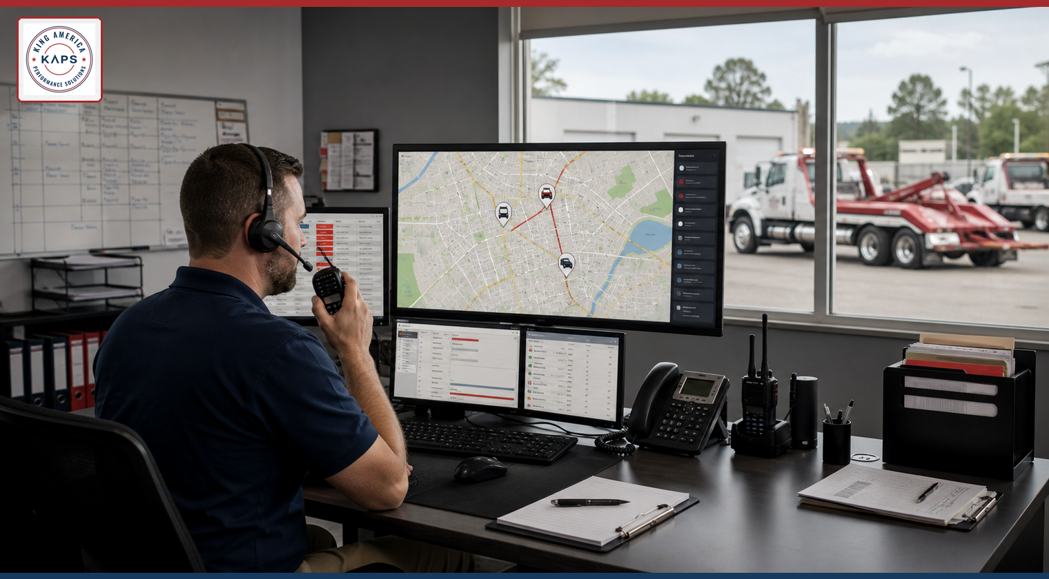 Illustration of a towing dispatcher coordinating calls and trucks