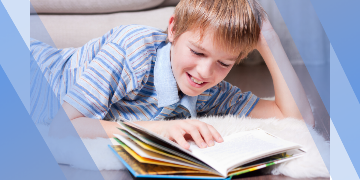 Child reading a book excitedly