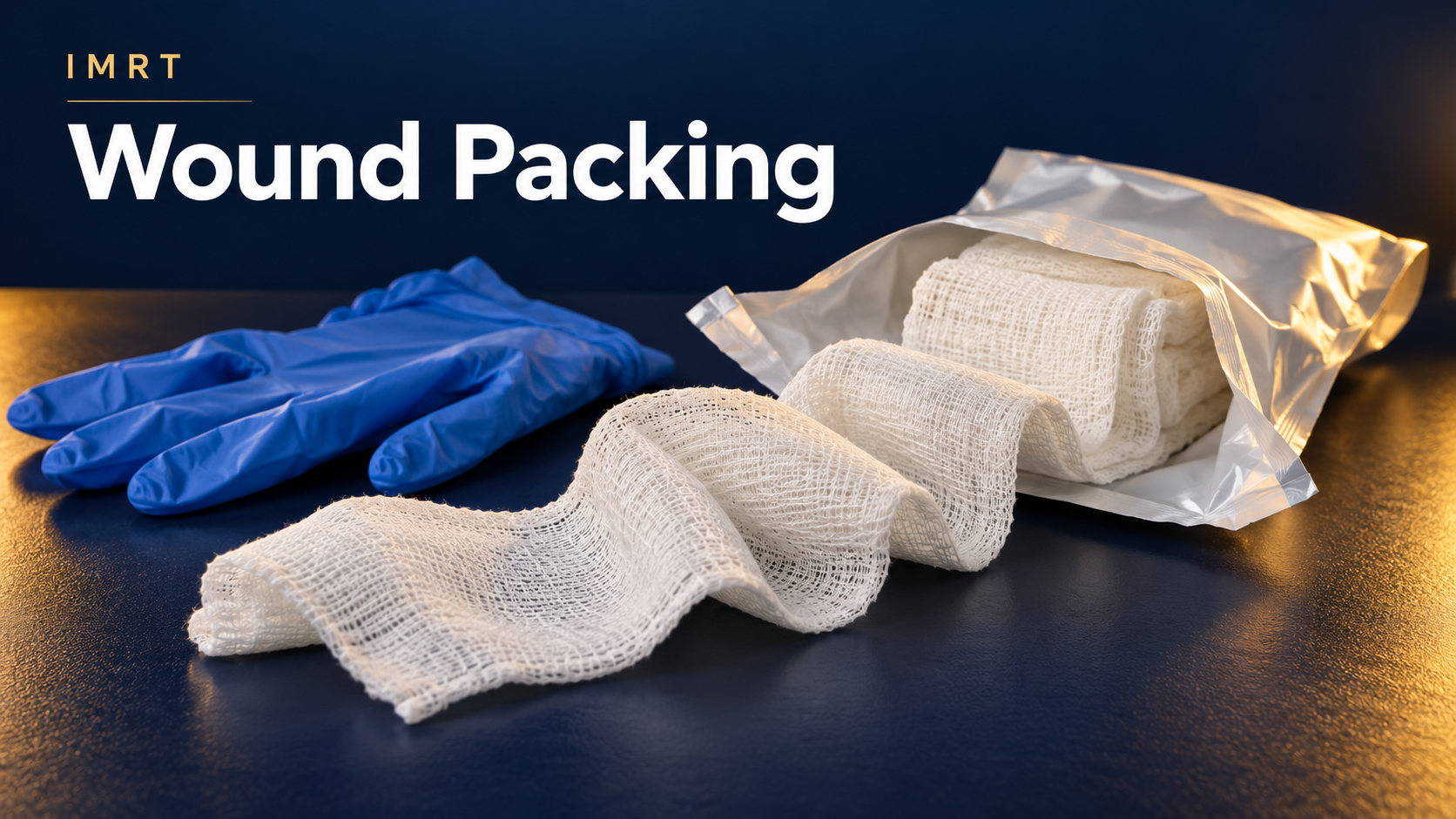 Wound packing: white packing gauze and blue gloves
