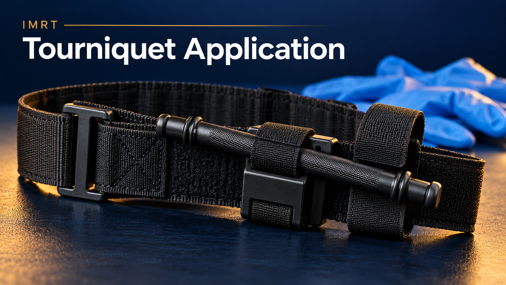 Tourniquet application: black windlass tourniquet with blue gloves