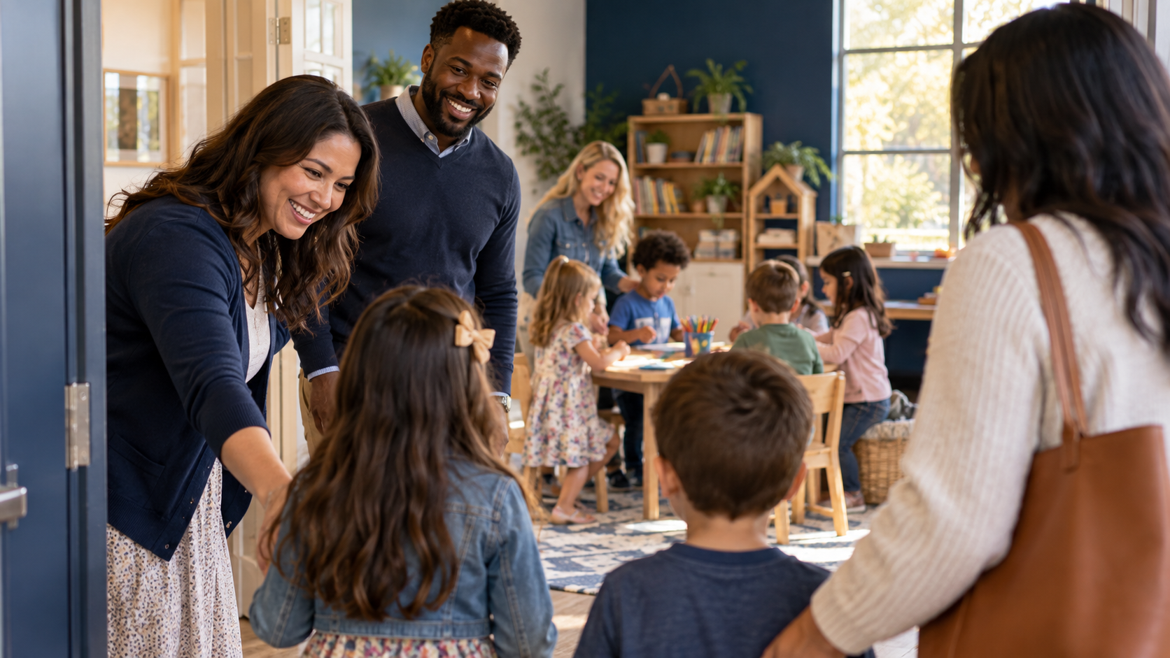 Church volunteers welcoming children and families to a supervised classroom