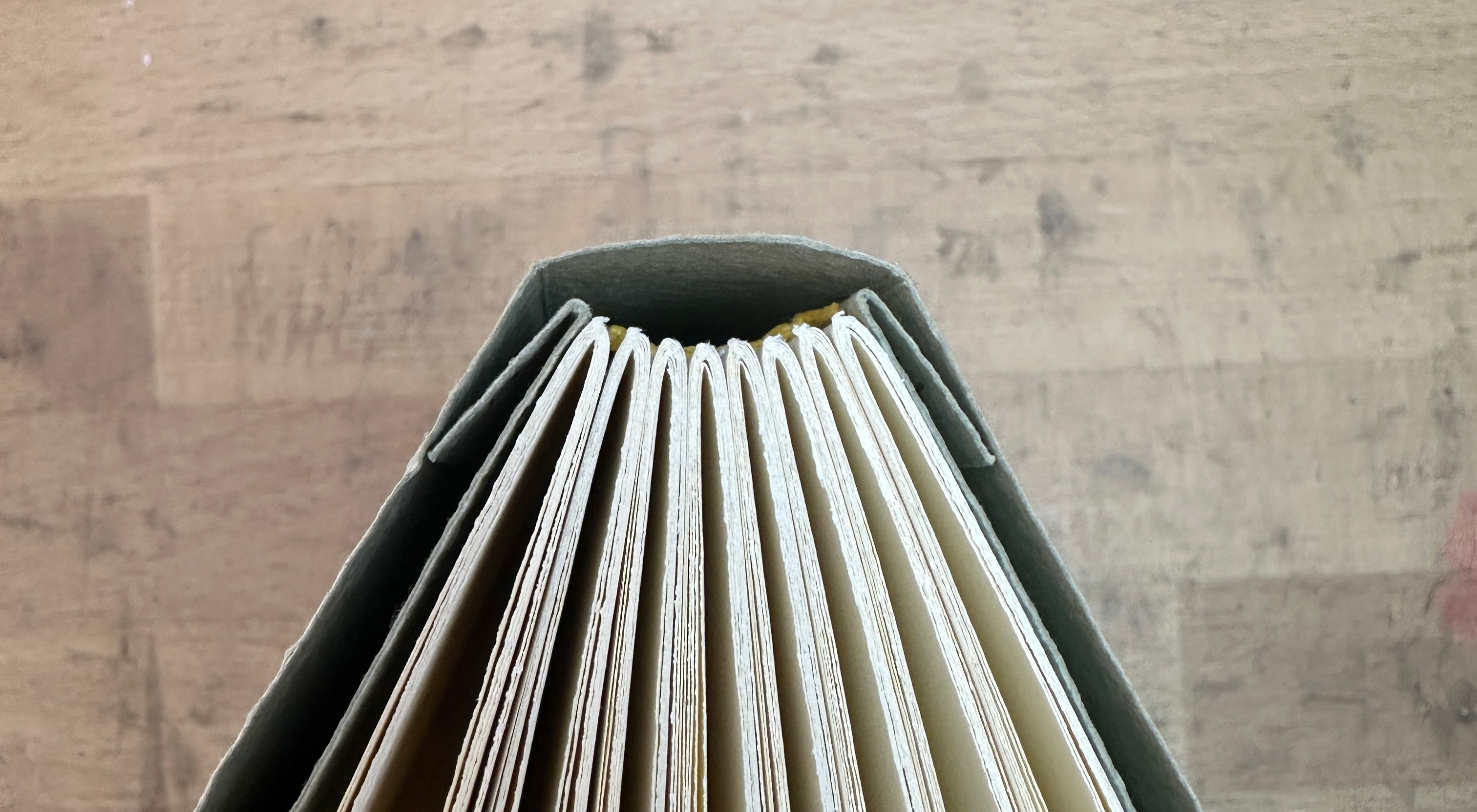 Top view of a link stitch binding with one-piece cover to show hinges.