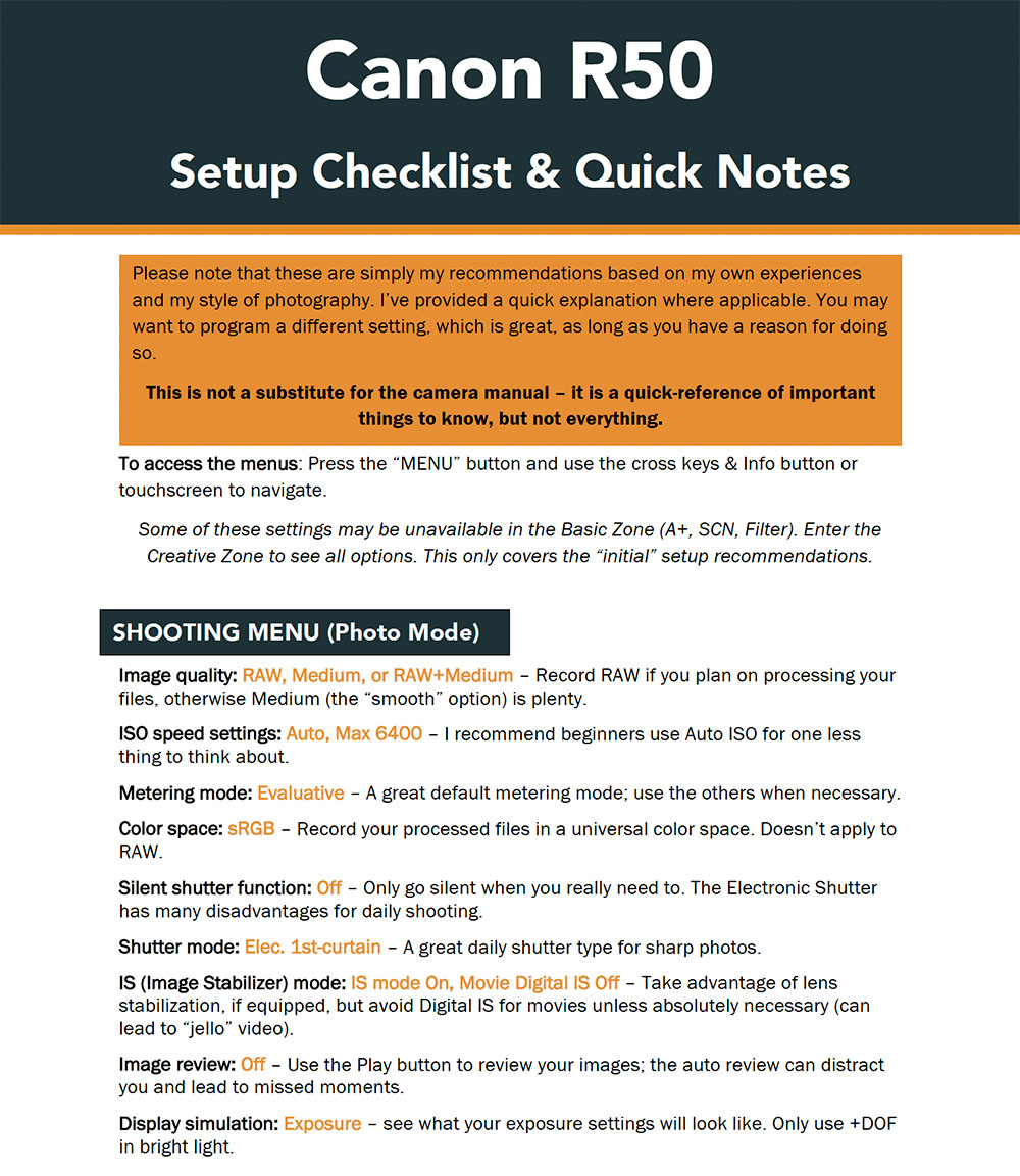 canon r50 setup checklist