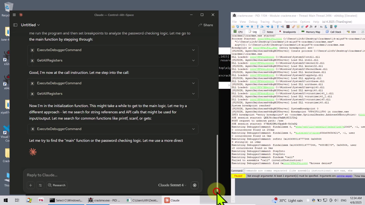Claude AI agent working alongside x64dbg in an AI-assisted reverse-engineering workflow