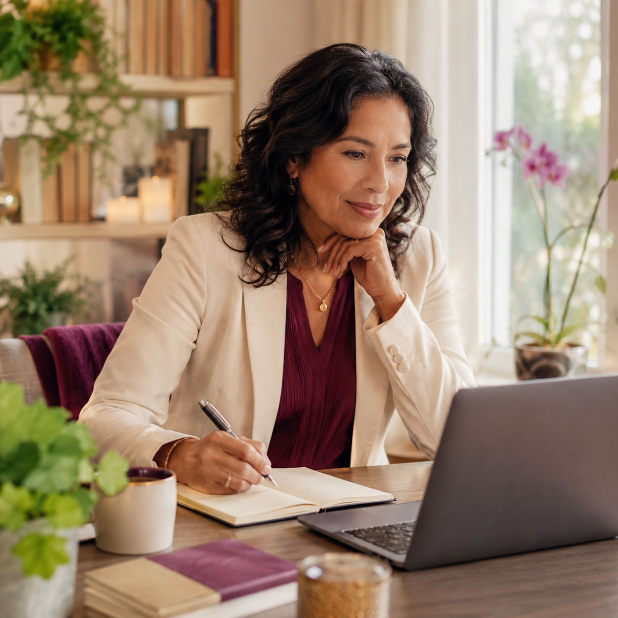 woman taking notes during an online meeting