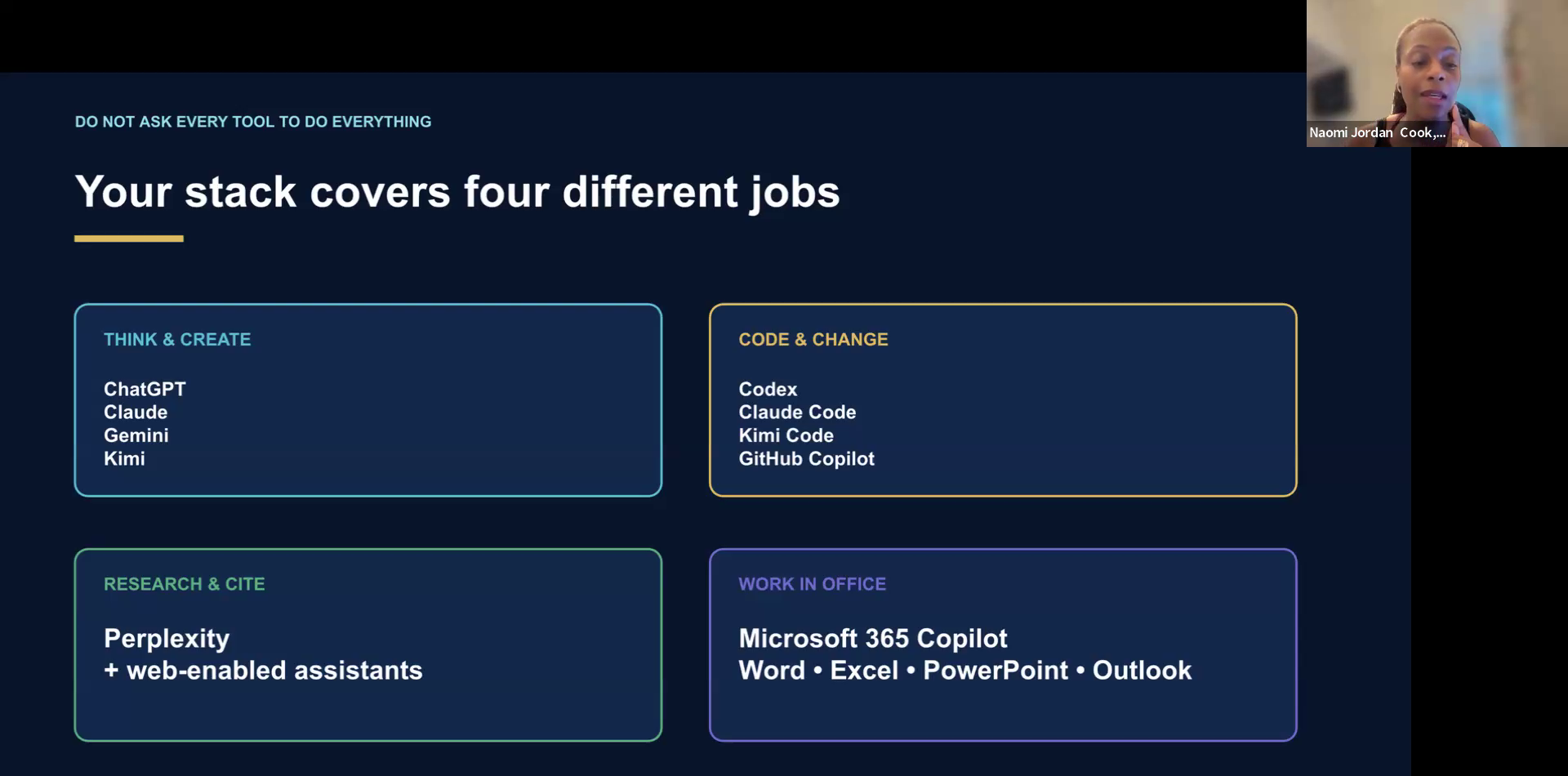 Naomi Jordan Cook teaching live on Zoom with a screen share showing four different jobs for AI tools
