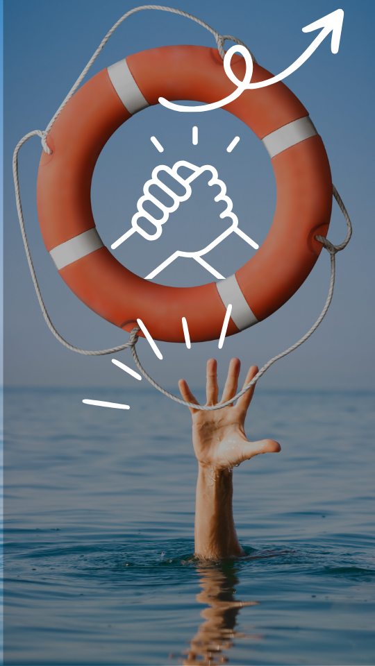 A hand coming out of the water and reaching for a life saver.