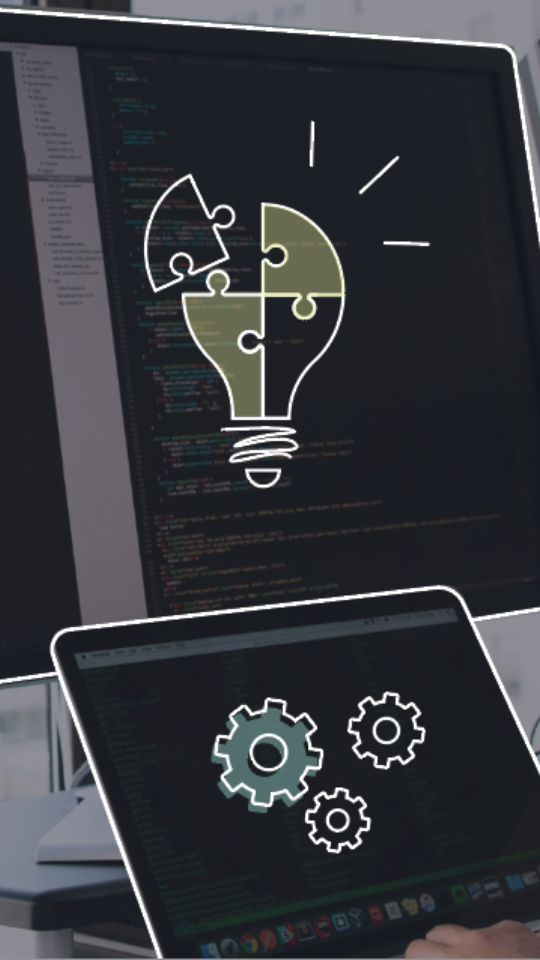 Computer image with an illustrated light bulb and gears in front of it