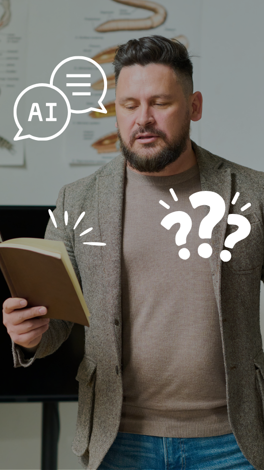 A teacher in a classroom setting holding a notebook. The letters AI and a series of question marks are in front of the teacher.