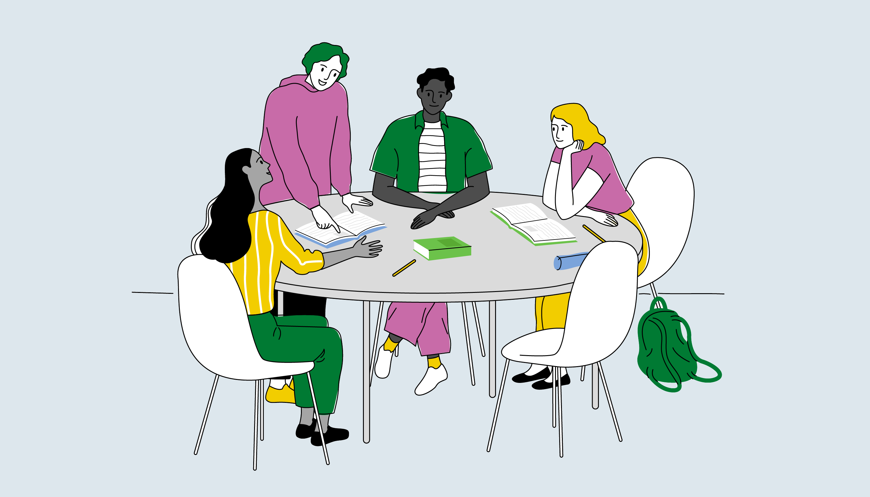 An illustration of a group studying together