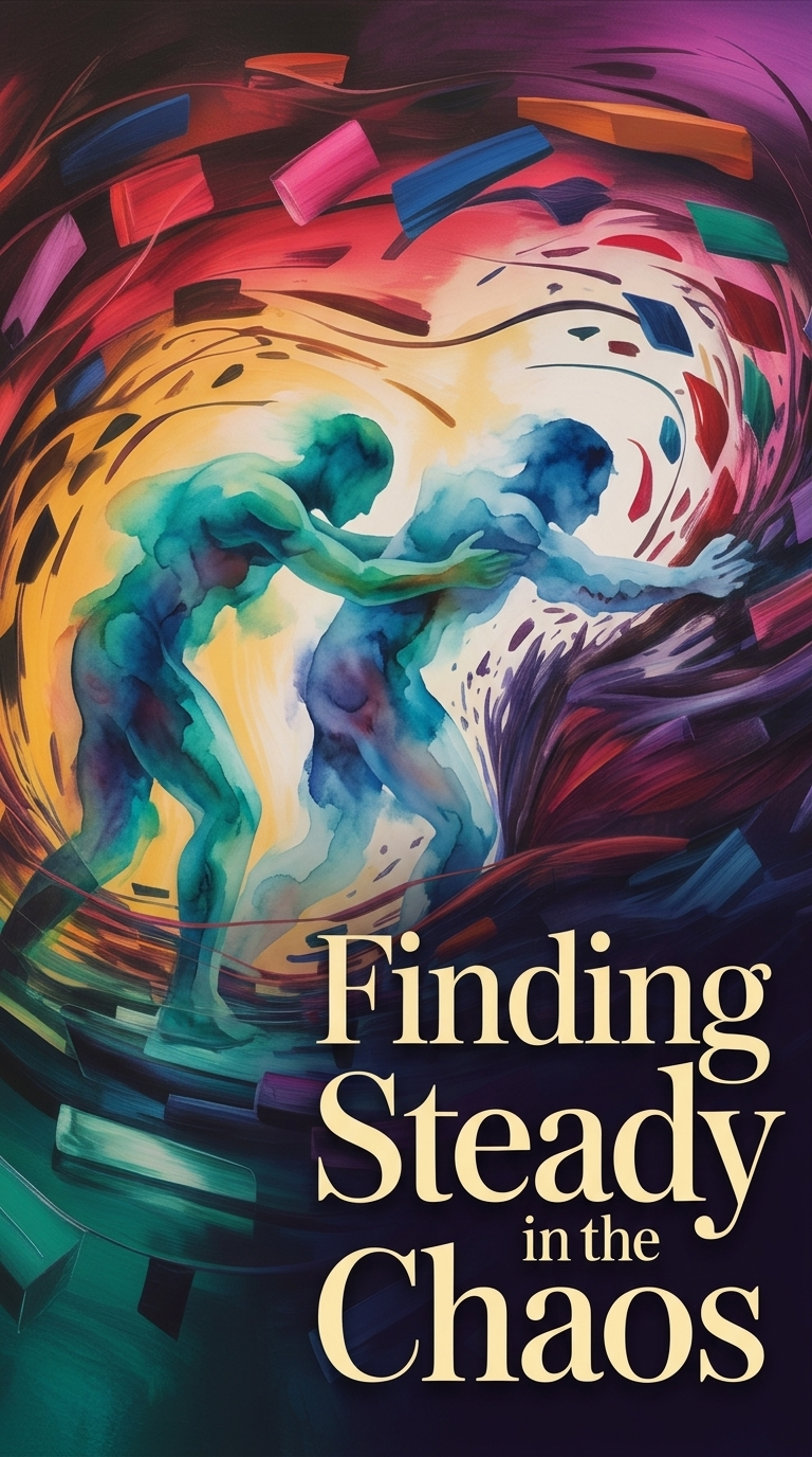 Image of two people pushing in swirling chaos with the text 