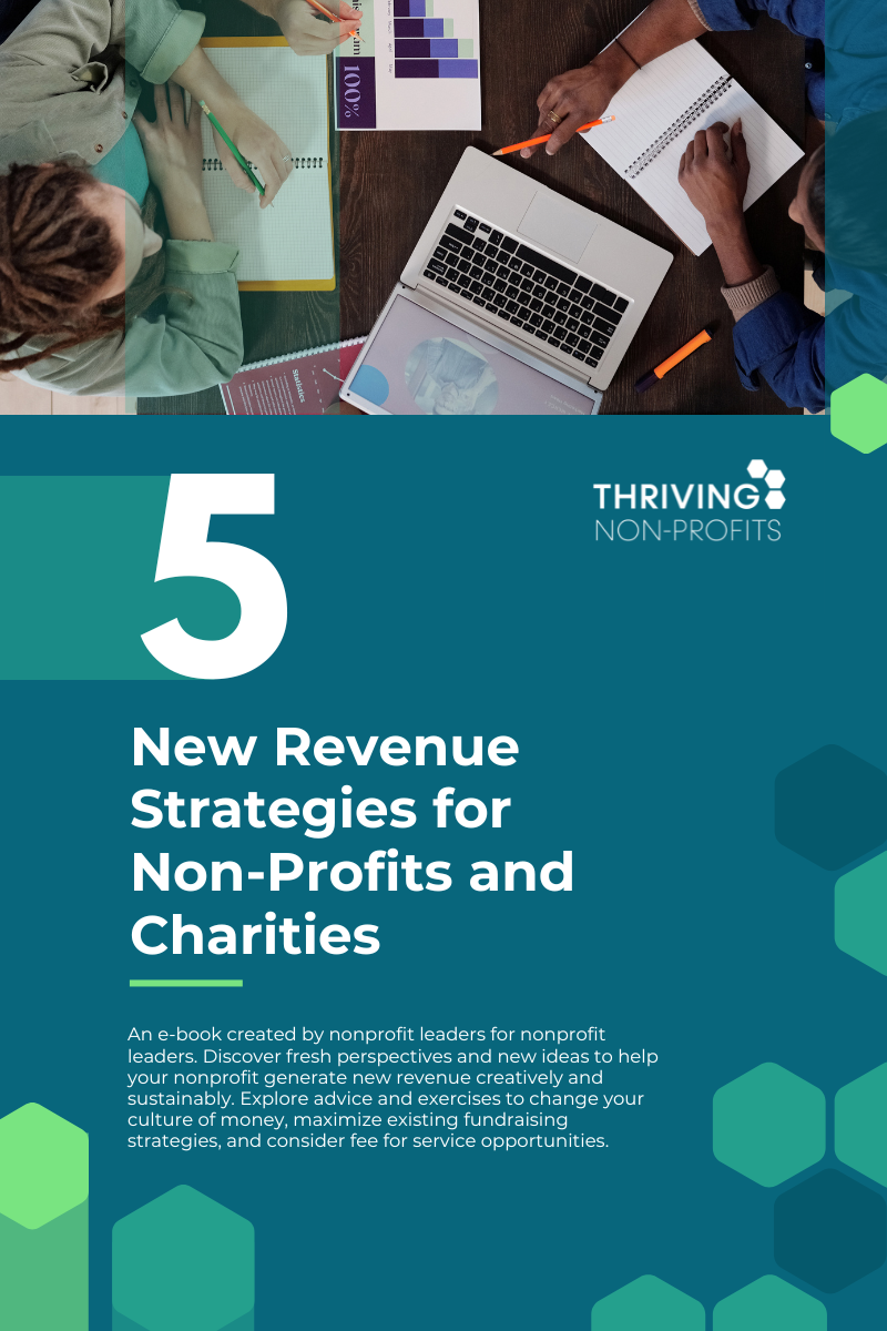 A top-down view of a desk with three people collaborating, one with a laptop, another writing in a notebook, and charts on the table. The text below the image reads, '5 Fundraising Ideas Your Nonprofit Might Not Know About (Yet!)' in bold white letters. The logo 'Thriving Non-Profits' appears in the upper right corner, with green and teal hexagon shapes decorating the design.