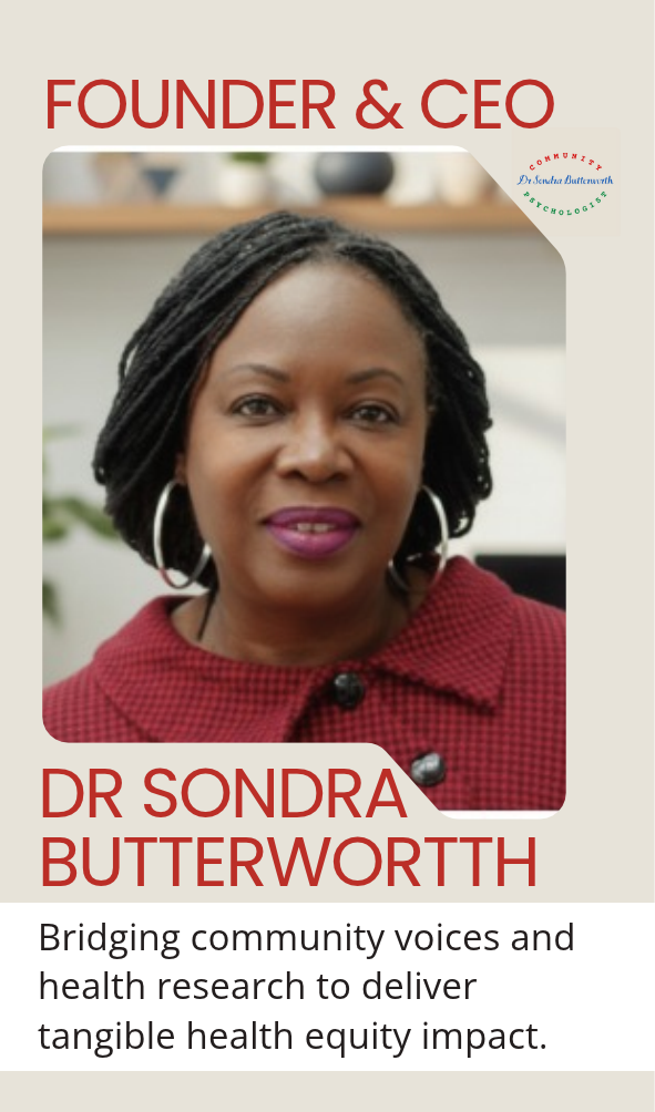 Dr Sondra Butteroworth. A black woman with black braided hair and a red dress