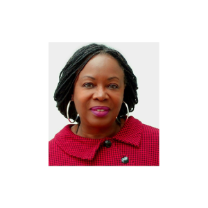 Dr Sondra Butteroworth. A black woman with black braided hair and a red dress