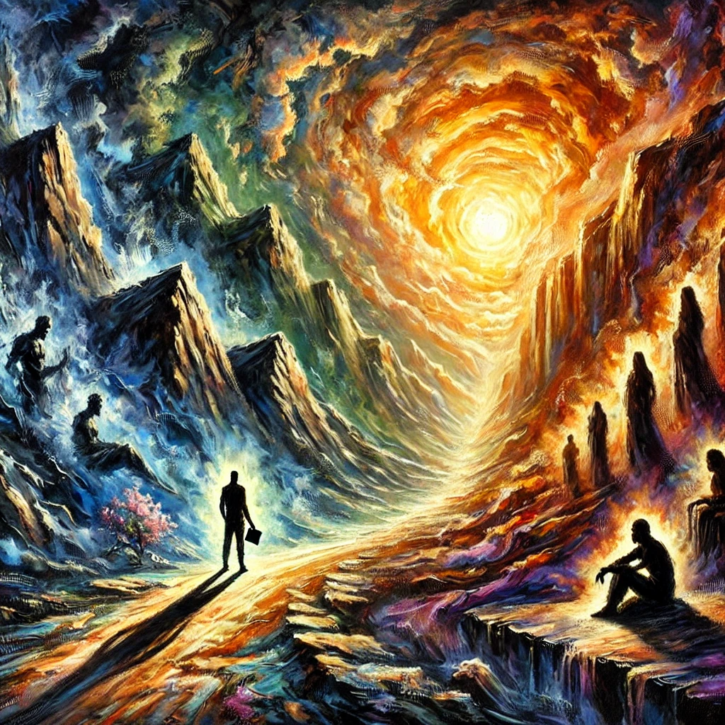 This image is a vibrant abstract oil painting depicting a transformative journey. It features a golden sunrise illuminating a serene sea, with waves symbolizing growth and renewal. A distant figure stands on the horizon, representing self-discovery and the pursuit of healing, framed by swirling, dynamic brushstrokes that evoke emotional depth and connection.