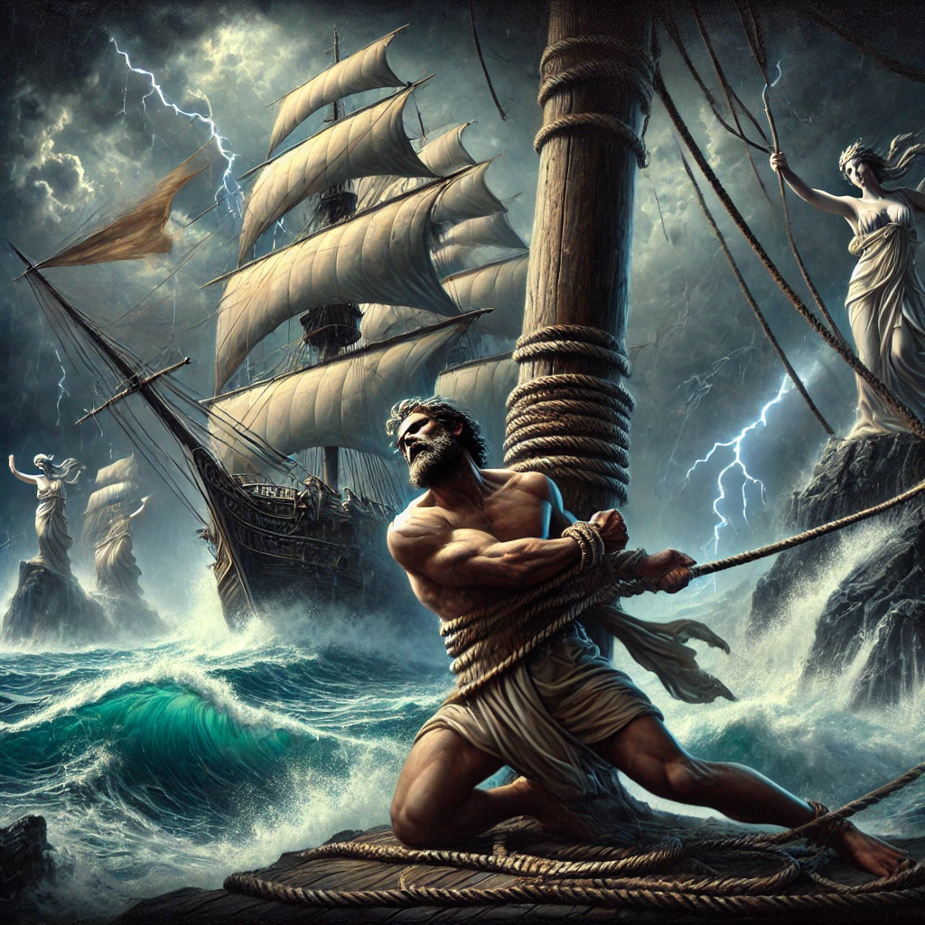 This oil painting captures the legendary Odysseus tied to the mast of his ship, straining against the ropes as the Sirens’ haunting song fills the air. The turbulent waves and darkened skies mirror the inner turmoil of resisting temptation. The image powerfully conveys that while the ropes may hold him back momentarily, they are not a true solution—only a temporary measure in the face of deeper struggles. True freedom requires transformation, not restraint.