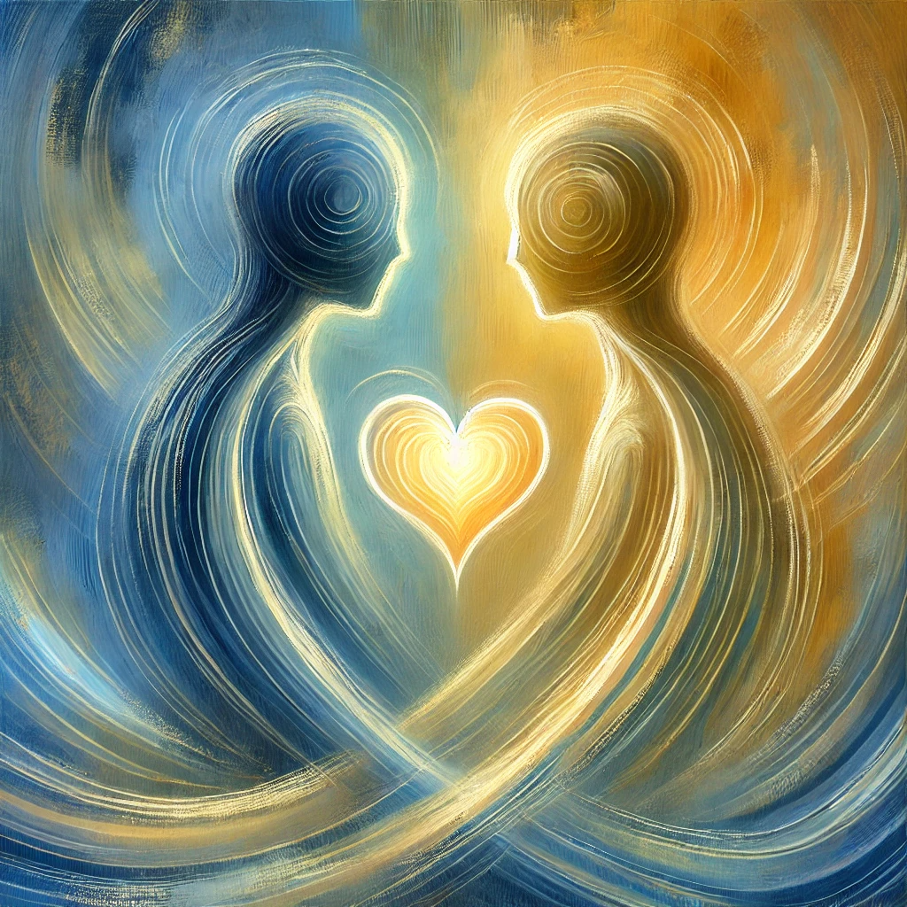 This abstract oil painting portrays the themes of empathy and connection through intertwined, semi-abstract figures, representing unity and mutual understanding. A radiant heart at the center glows with warm hues, symbolizing trust and emotional healing, while the serene blue and gold background conveys peace and hope, evoking a sense of transformative harmony.