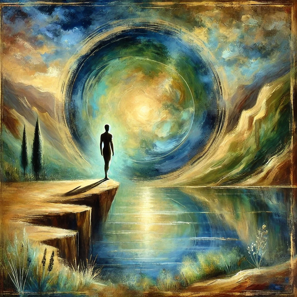 This image portrays a serene, abstract oil painting with soft, swirling textures. It depicts a solitary figure standing on a reflective surface, surrounded by cascading hues of deep blues, warm ambers, and muted whites. The artwork evokes a sense of introspection and emotional awareness, symbolizing the process of connecting with one’s inner self while navigating the complexity of emotions.