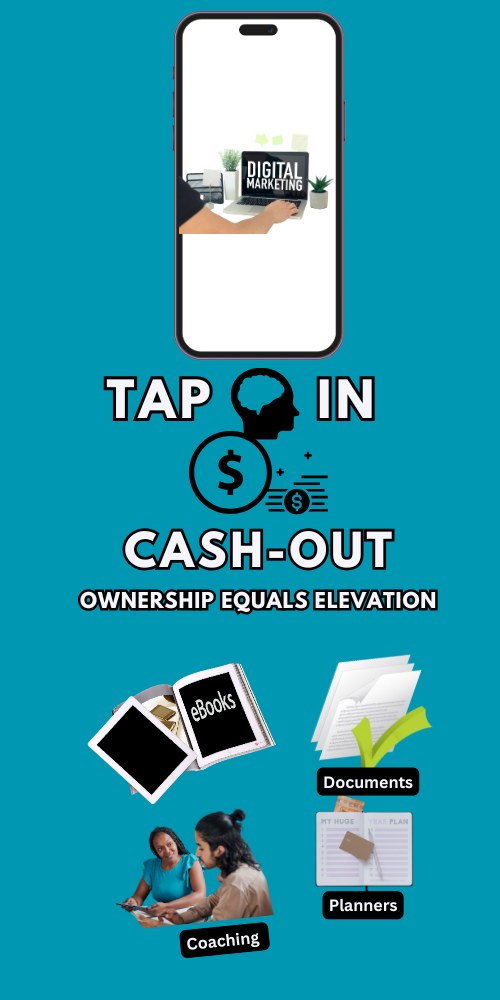 digital marketing tap in cash out product name with pictures of of phone, ebook, documents, planner, man and women in coaching session