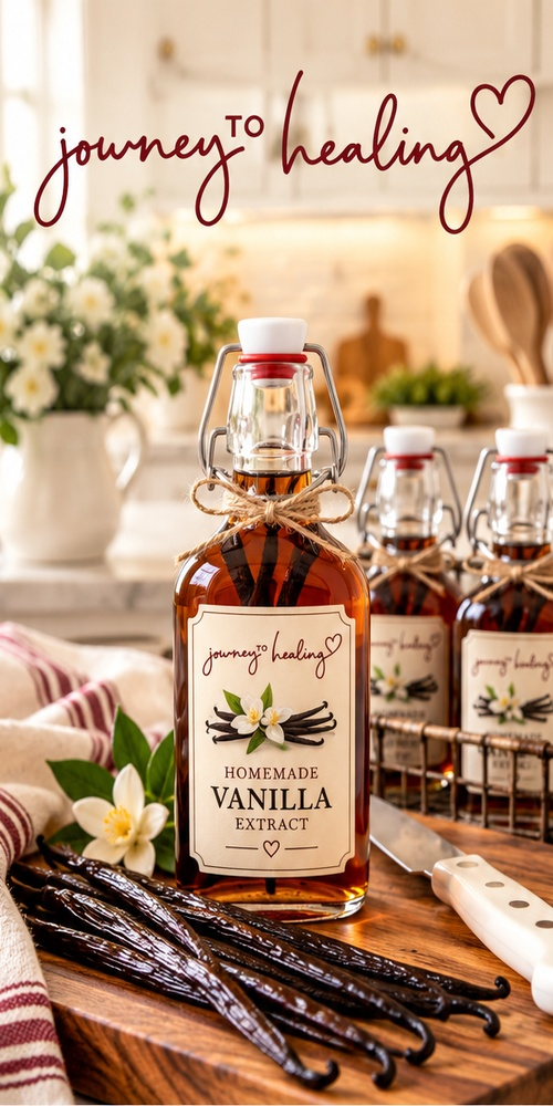 Homemade Madagascar vanilla extract in glass bottles with vanilla beans on a wooden cutting board in the Journey to Healing kitchen.