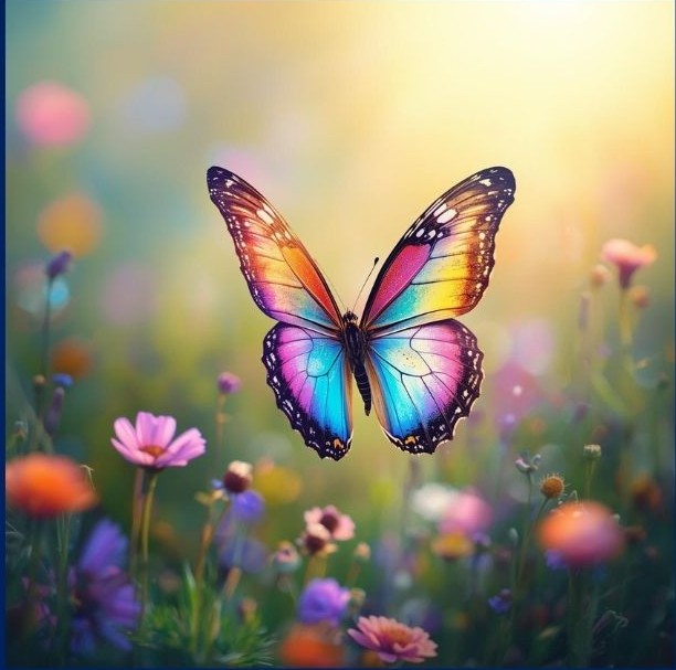 Rainbow colored butterfly among wildflowers