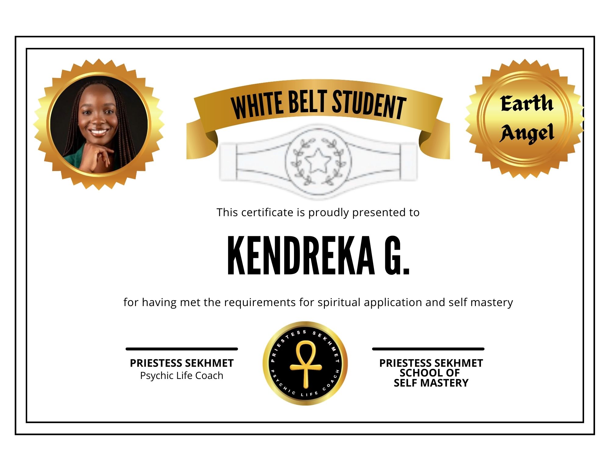 kendreka g. white belt student certificate