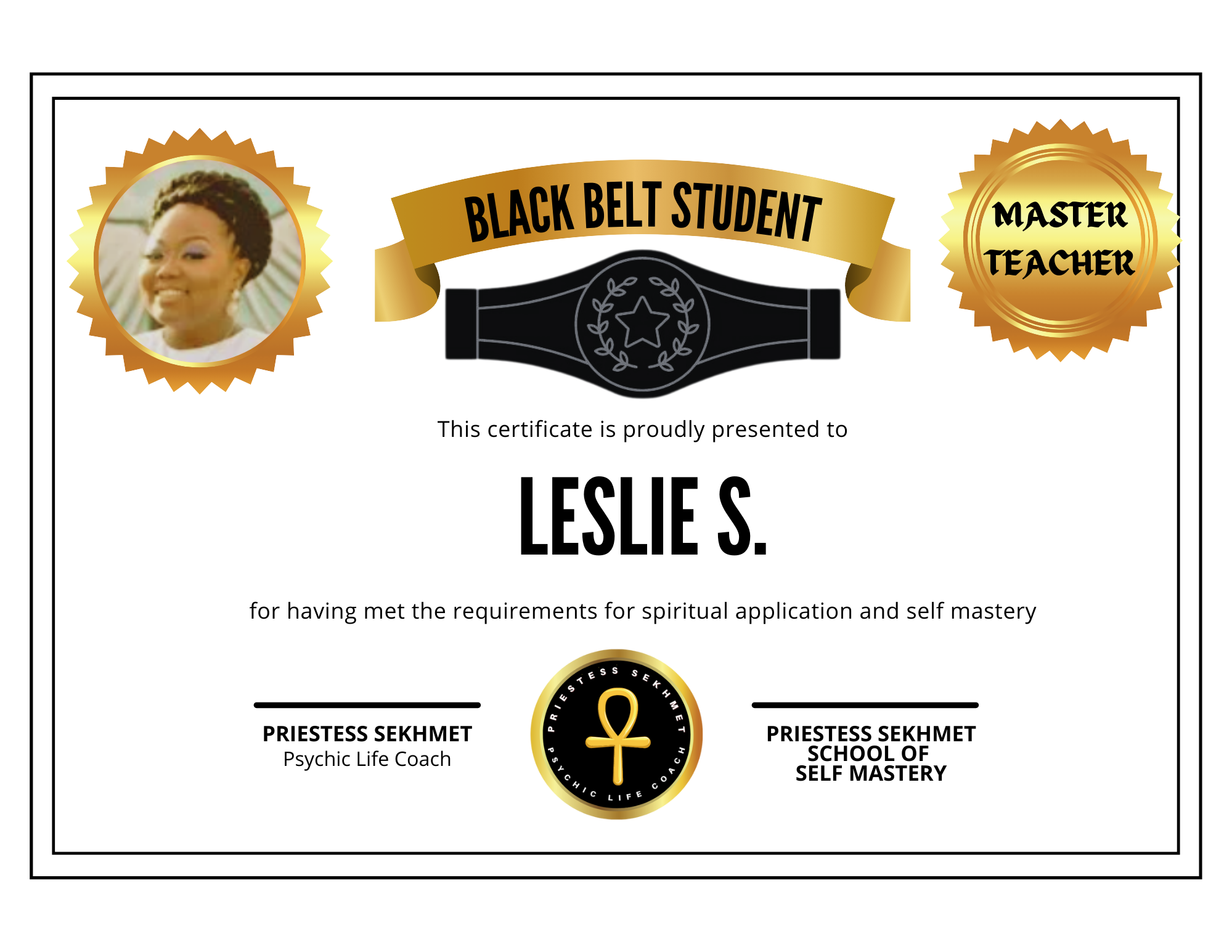 leslie s. black belt student certificate