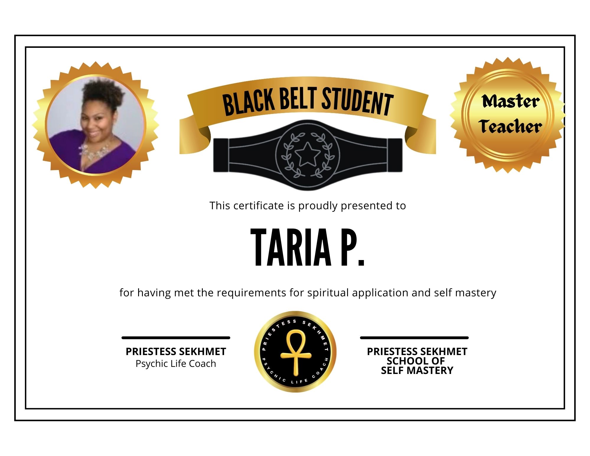 taria p. black belt certificate