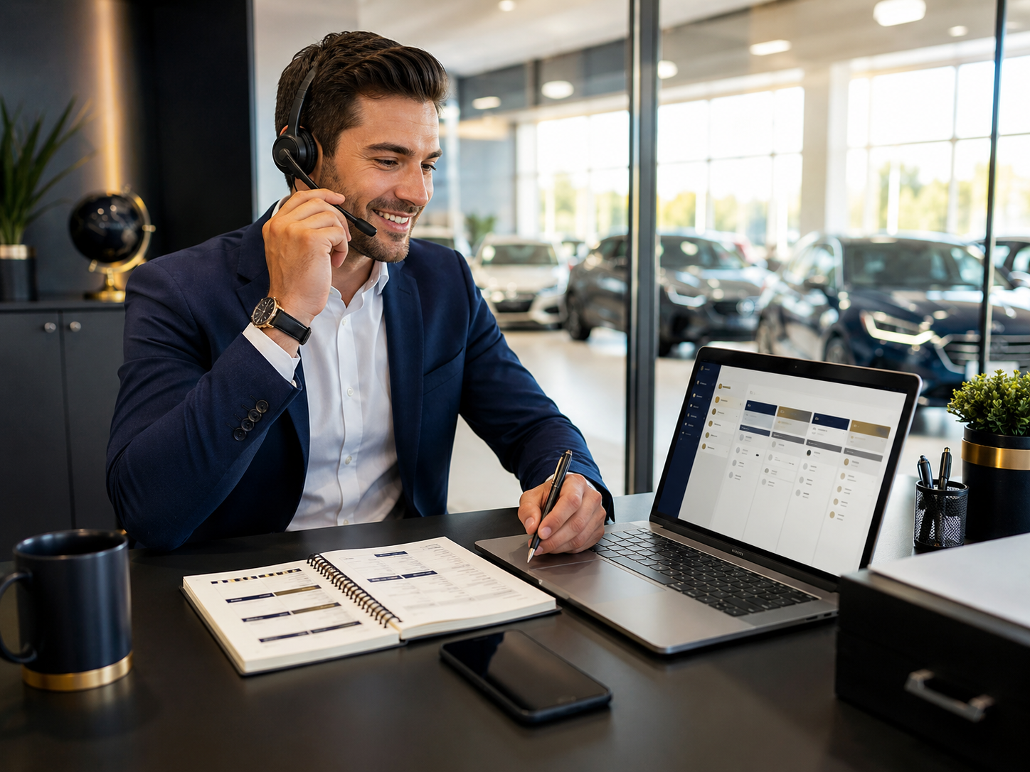 Automotive sales professional prospecting by phone while managing leads and appointments on a laptop inside a modern dealership.