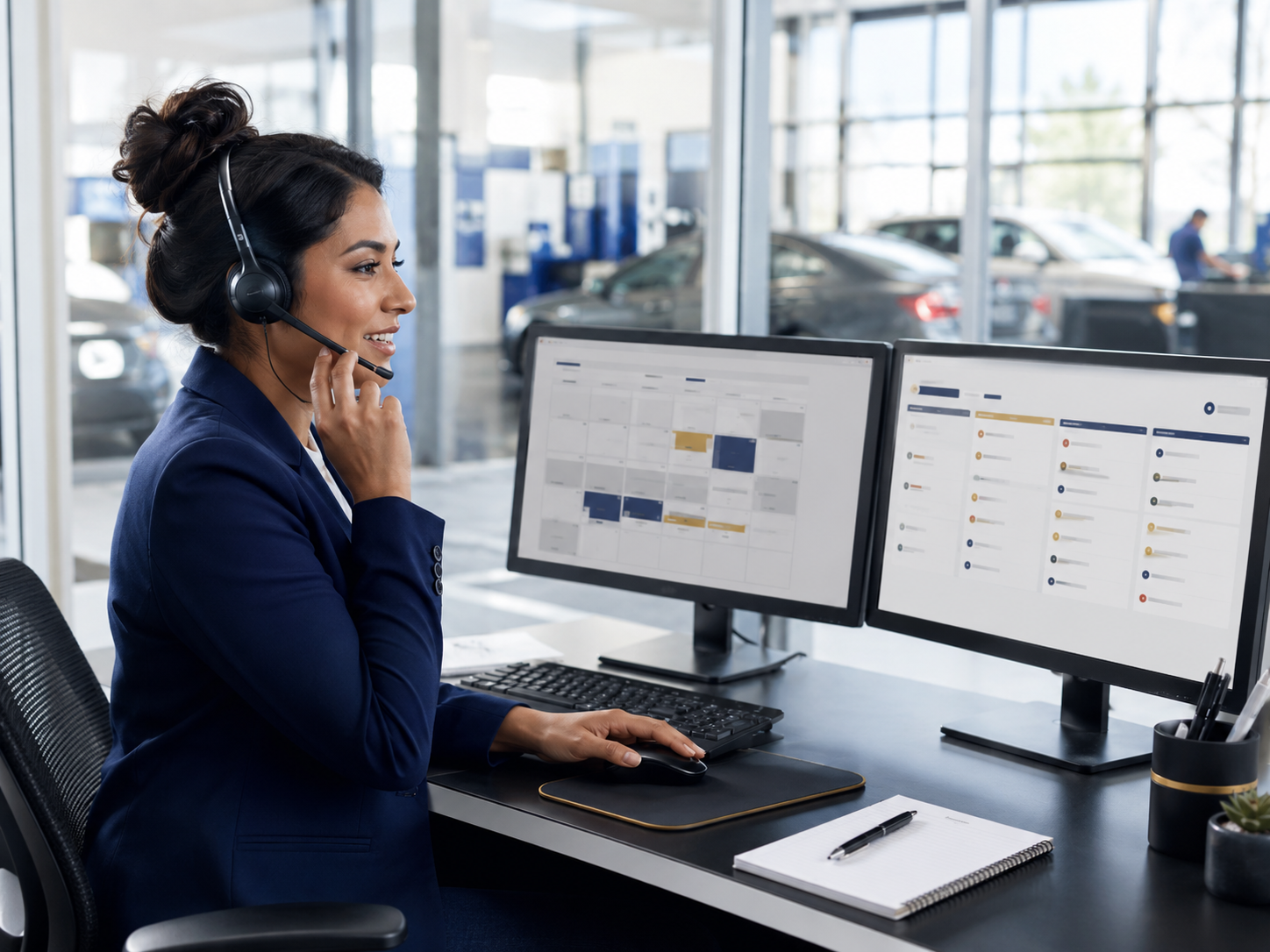 Automotive Service BDC representative scheduling service appointments by phone while managing customer follow-up in a dealership CRM.