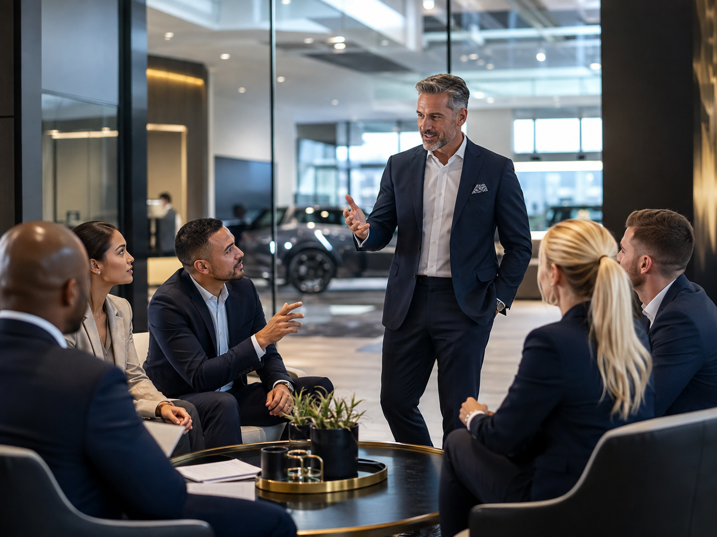 Experienced automotive leader coaching a diverse team of sales professionals and emerging managers inside a modern dealership.