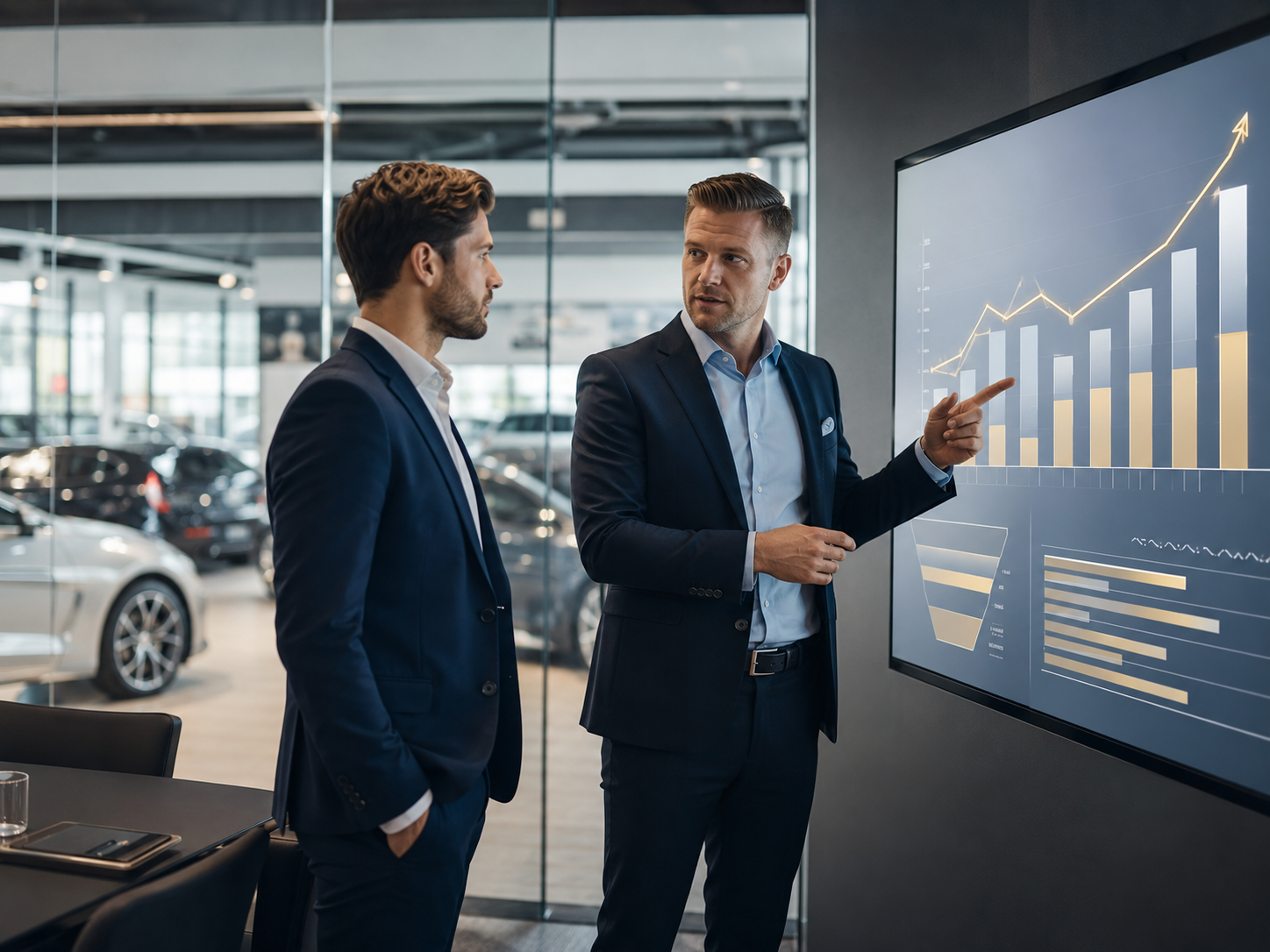 Automotive sales coach and experienced salesperson reviewing an upward performance chart and pipeline strategy inside a modern dealership.