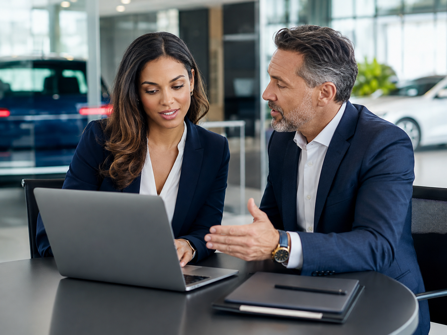 Automotive sales coach helping an experienced sales professional review performance and lead-management strategies inside a modern dealership.