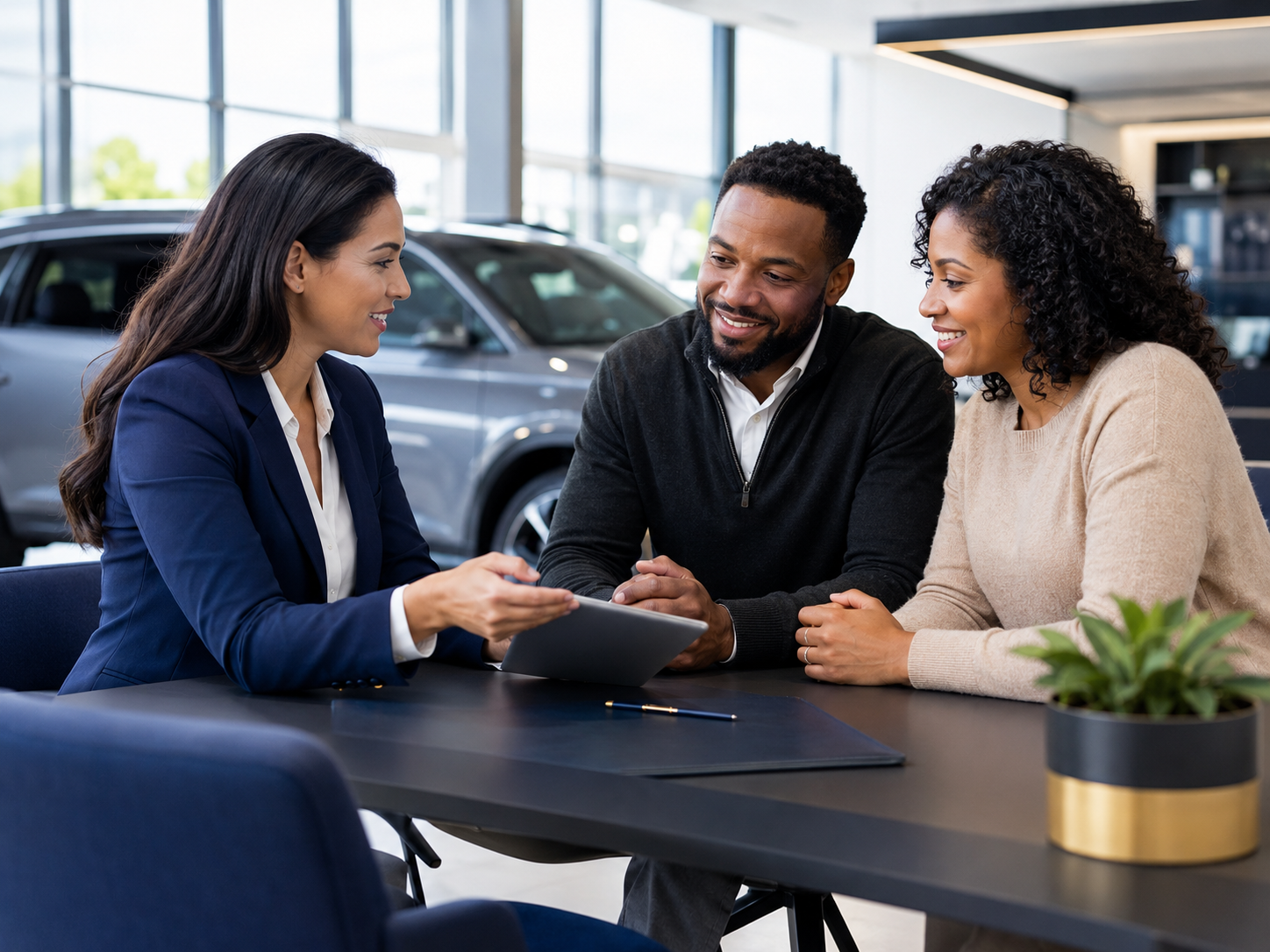 Automotive sales professional helping a couple review vehicle purchase options in a modern dealership.