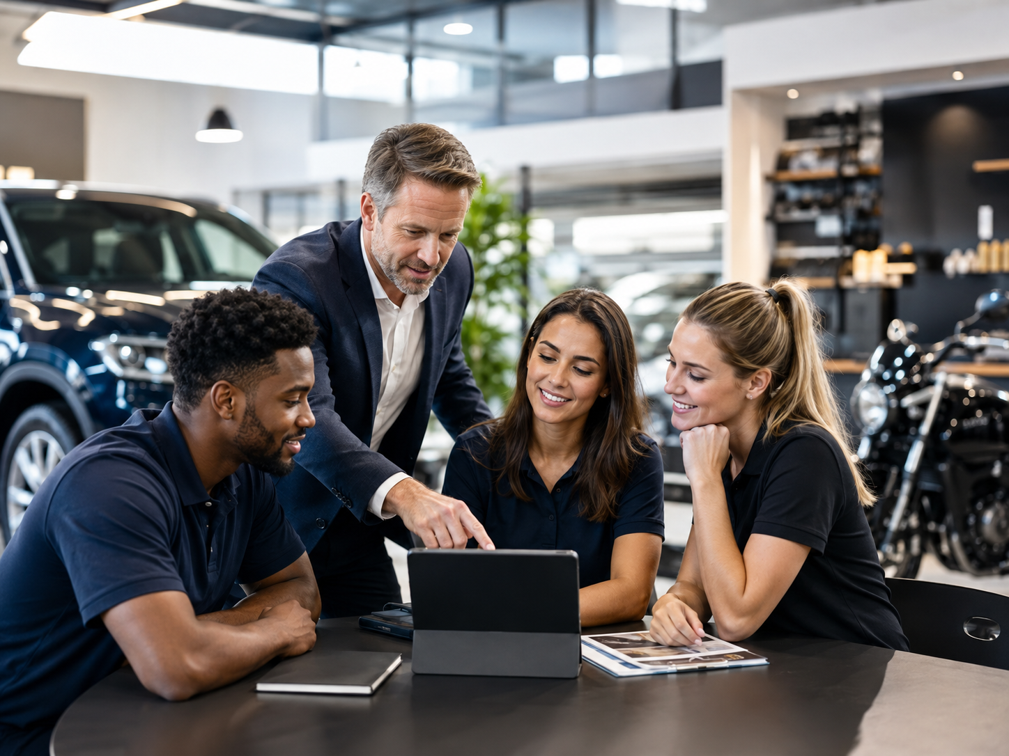 Sales coach training a diverse automotive and powersports dealership team using a tablet in a modern showroom.