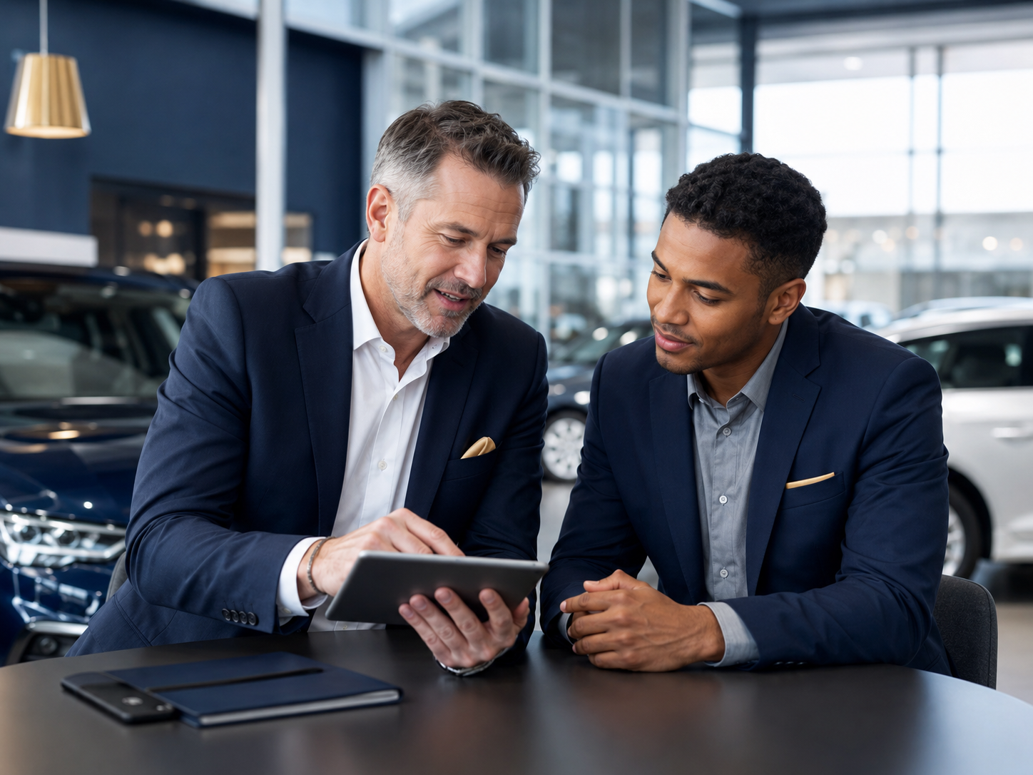 Automotive sales coach mentoring a new sales professional inside a modern car dealership showroom.