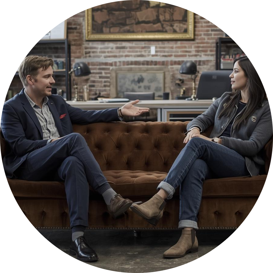 Professionals sitting on a couch speaking