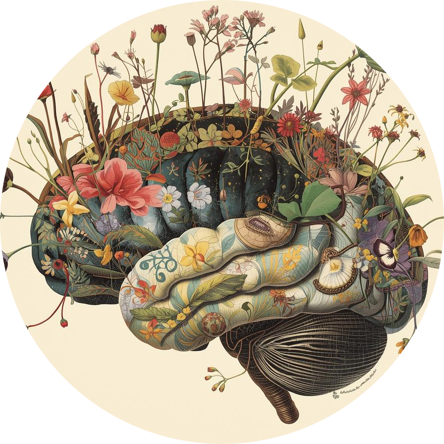 Illustration of a brain sprouting botanicals