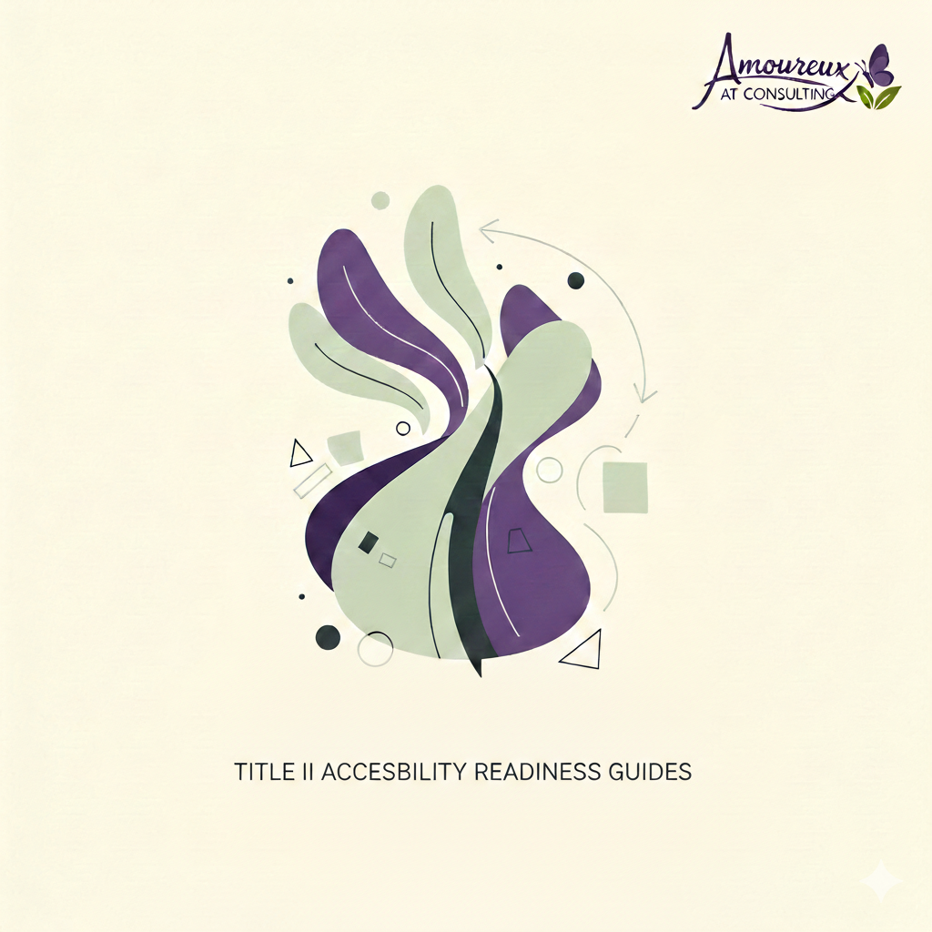 Abstract green and purple shapes form a flowing design surrounded by small geometric elements, accompanied by the text 