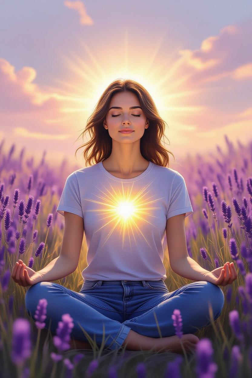 A woman with a white tshirt and jeans on has a glowing yellow energy in the center of her chest as she meditates in a field of purple flowers