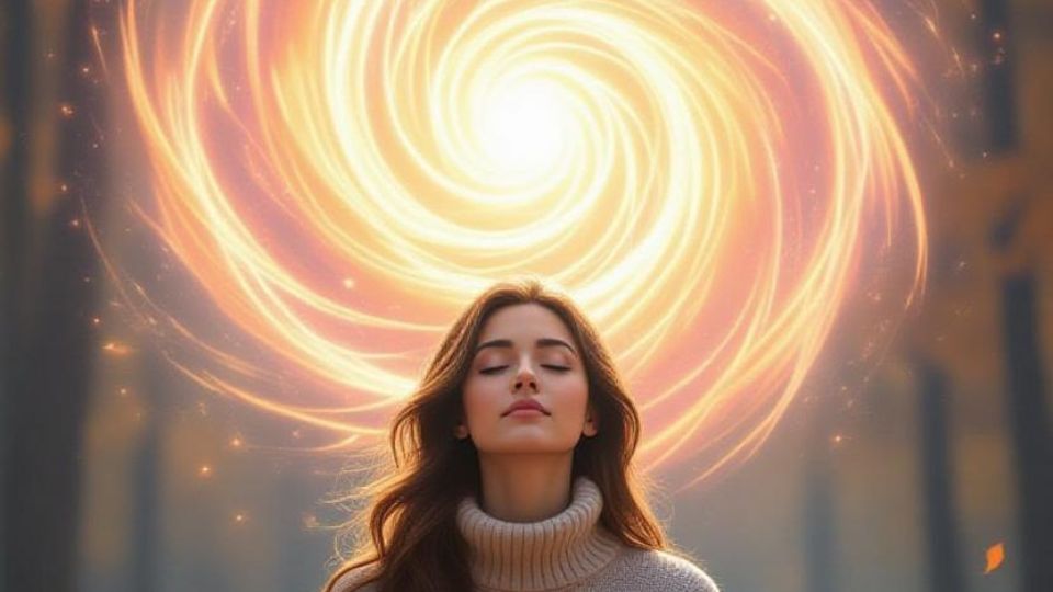 A woman is meditating and above her head is a spinning vortex of golden energy