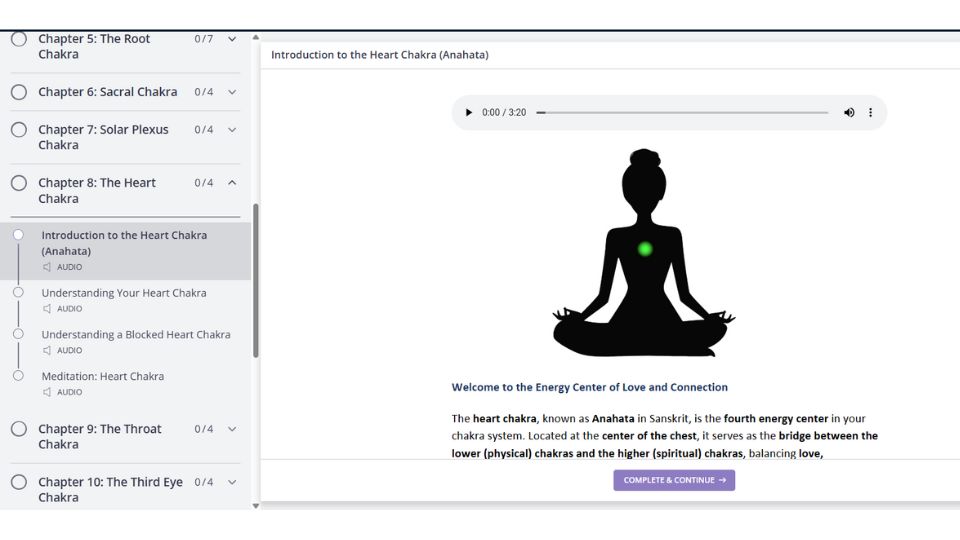 A screen shot of the Introduction to the heart chakra lesson