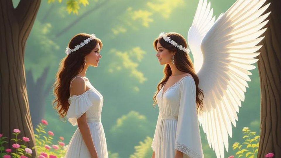 A human woman talking to an angel female with white wings