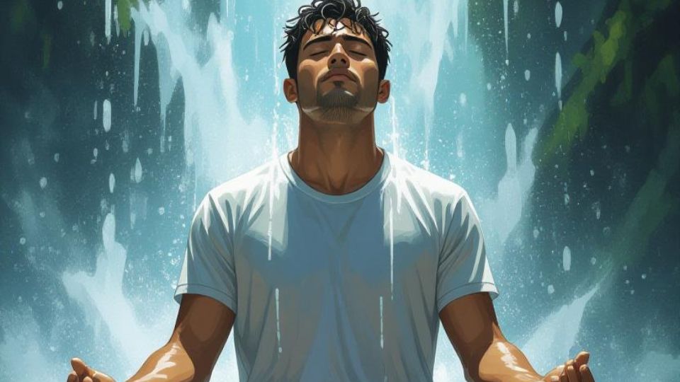 A hispanic man in a white tshirt under a waterfall as he meditates